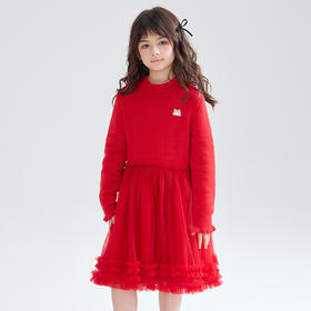 笛莎Deesha 2025冬季女童甜美木耳边网纱拼接加厚针织连衣裙