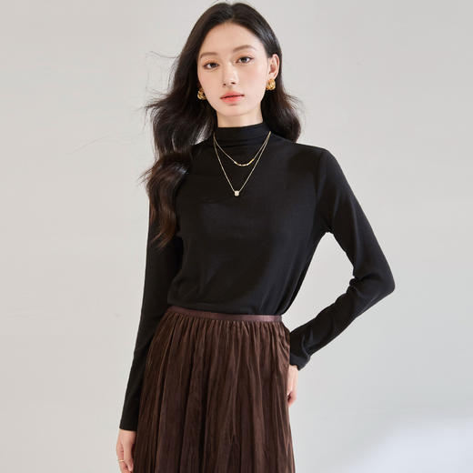 「高货sh」全新升级【铂金会员146/天猫189/差价43】(02001)洛诗琳高级感半高中领纯色T恤2025秋季修身显瘦高弹打底衫 商品图4