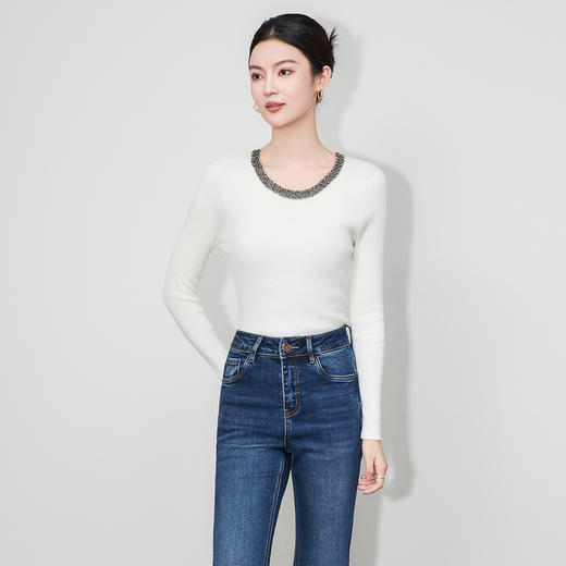 「高货wl」全新升级【铂金会员201/天猫269/差价68】(95605)洛诗琳法式重工钉珠上衣2025秋冬修身圆领百搭针织上衣女w 商品图2