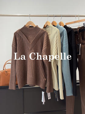 会员福利【高品质/软糯亲肤】拉夏贝尔/La Chapelle慵懒风软糯半高领拼接坑条针织衫气质显瘦