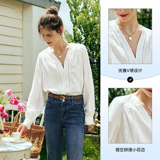 OLrain欧芮儿法式白色蕾丝镂空V领2025秋新款灯笼长袖衬衫女上衣 商品图1
