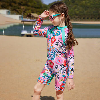 ASK JUNIOR【泡温泉】【含泳帽】女童泳衣夏季儿童满印长袖连体式泳衣140 商品图2