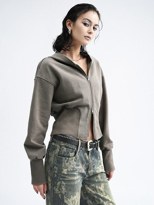 TR她热 废土辣妹 棕咖色水洗做旧复古显瘦运动拉链卫衣开衫 商品图2