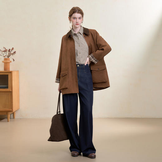 西遇格纹拼接翻领麂皮外套女秋季美拉德单排扣直筒中长款上衣V3355191 商品图1