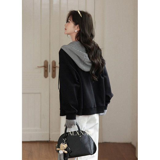 鹿向南「安妮心事」百搭黑色连帽拉链卫衣开衫女秋季慵懒宽松外套L58869 商品图4