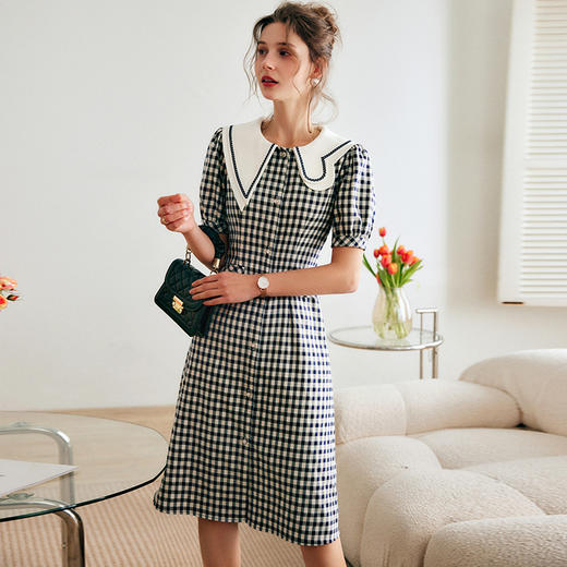 OLrain欧芮儿法式黑色娃娃领连衣裙女夏季2025新款收腰泡泡袖裙子 商品图1