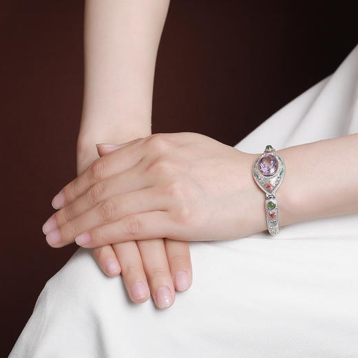 【迎花纳福】S925纯银镀金和田玉碧玉紫水晶珐琅花朵手链【CW-SL11635】 商品图3