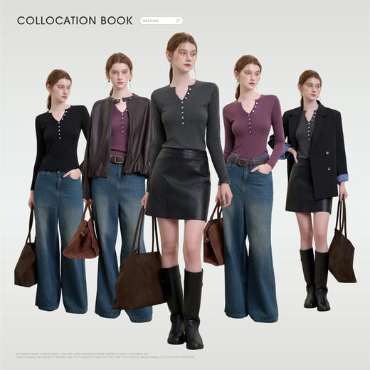 西遇纽扣V领长袖针织衫女秋季新款气质修身显瘦打底衫上衣H0055190 商品图1