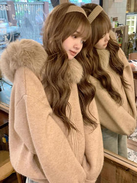 大毛领奶茶色开衫