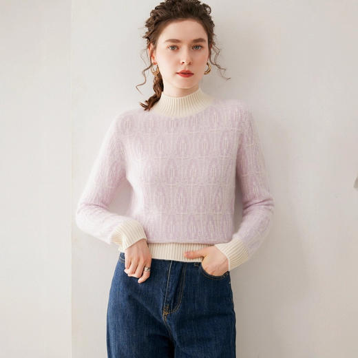 「自」全新升级【铂金会员514/天猫699/差价185】(04142)洛诗琳气质拼色提花羊绒衫2025秋冬半高领加厚套头针织毛衣 商品图1