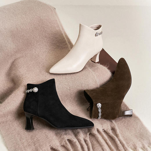 【静音系列】千百度粗高跟羊皮踝靴女加绒短靴时装靴A25588704 商品图1