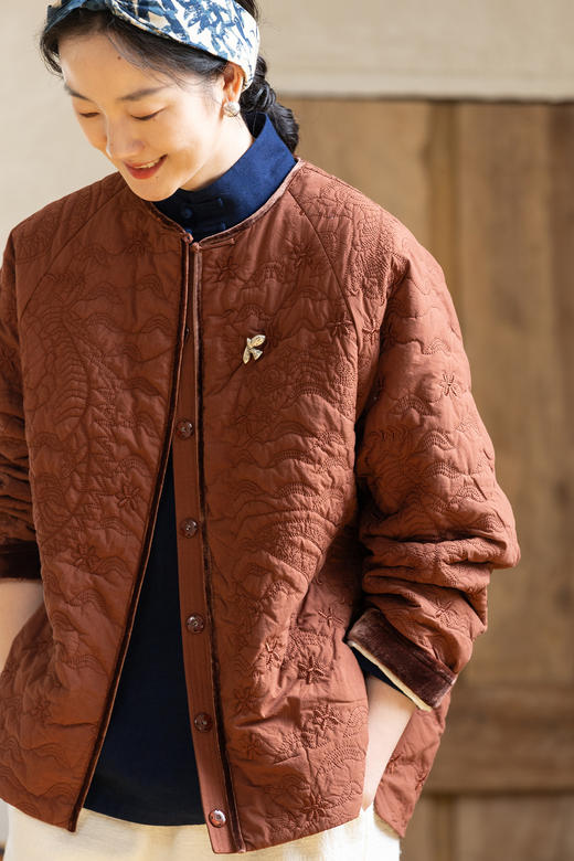 牧衣游原创 虎与花绗缝机绣60支棉衣外套宽松复古文艺棉服 云间客 商品图5