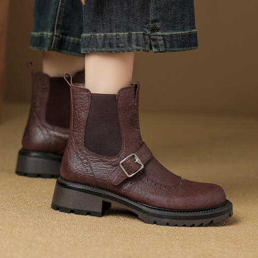 【预售5天】英伦风皮带扣厚底短靴，真皮裸靴棕色马丁靴粗跟切尔西靴ML&S9856 商品图0