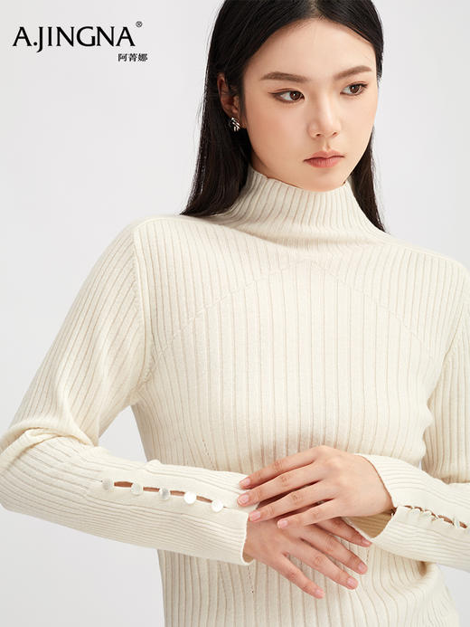 【商场同款】阿菁娜冬季新款超细美利奴羊毛衫半高领坑条修身针织微喇袖贝壳扣亲肤A30D301019 商品图1