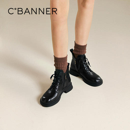 千百度手抓皮马丁靴女美拉德中跟系带时尚厚底短靴子A25576361 商品图0