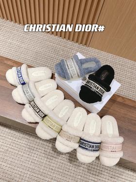 迪奥刺绣条纹logo加绒毛里一字平底拖鞋（DBG）