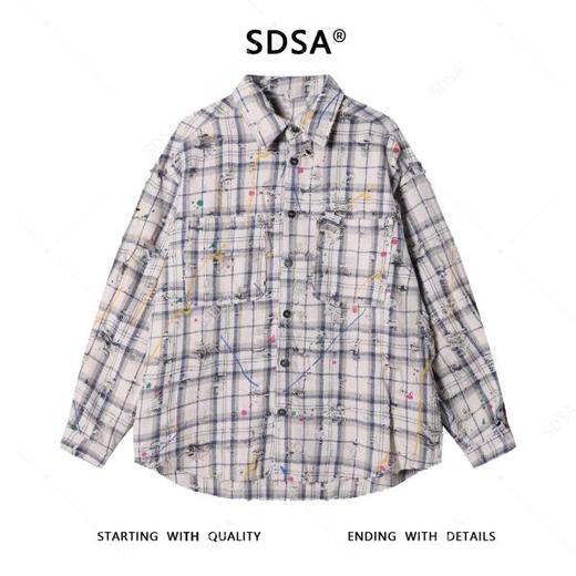 SDSA男士秋冬新款痞帅男装潮牌撞色格纹磨破泼墨翻领衬衫百搭宽松 商品图0