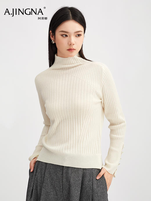 【商场同款】阿菁娜冬季新款超细美利奴羊毛衫半高领坑条修身针织微喇袖贝壳扣亲肤A30D301019 商品图0