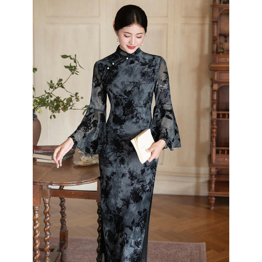 【雁归来】黑色旗袍改良复古喇叭袖，新中式连衣裙优雅气质LSB4038 商品图1