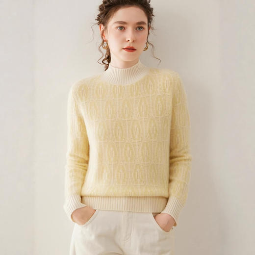 「自」全新升级【铂金会员514/天猫699/差价185】(04142)洛诗琳气质拼色提花羊绒衫2025秋冬半高领加厚套头针织毛衣 商品图3