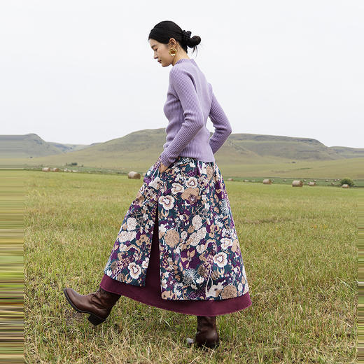 绽放700朵/亚麻棉复古印花双层半身长裙秋冬设计感舒适半身裙新款 商品图3