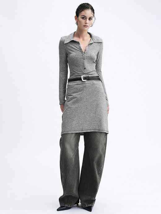 TR她热 灰阶法则 灰色弹力大翻领修身显瘦荡领打底衫上衣 商品图3