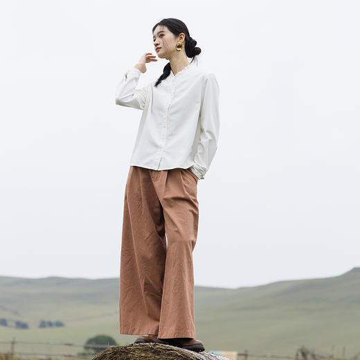 绽放705朵/纯棉绒感法式立领木耳边长袖衬衫女V领宽松小衫冬新款 商品图2