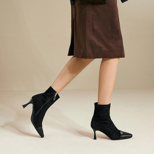 【静音系列】千百度拼接羊皮时装靴女细高跟弹力短靴A25577233 商品图2