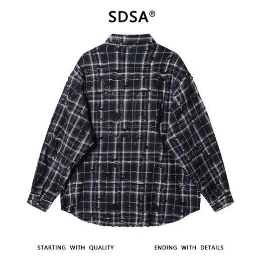 SDSA男士秋冬新款痞帅男装潮牌撞色格纹磨破泼墨翻领衬衫百搭宽松 商品图4
