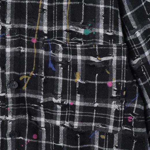 SDSA男士秋冬新款痞帅男装潮牌撞色格纹磨破泼墨翻领衬衫百搭宽松 商品图2