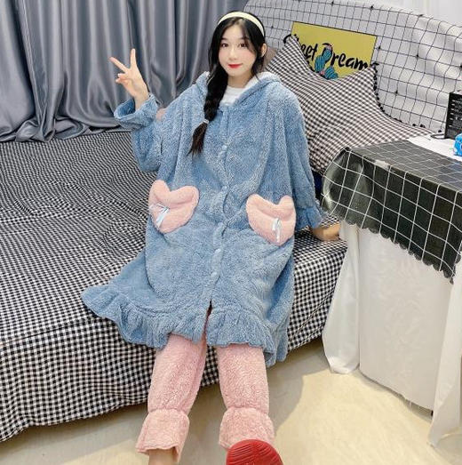【网红同款亲肤保暖睡衣】秋冬珊瑚绒长款睡袍女法兰绒睡袍睡裙女家居服可外穿 商品图5