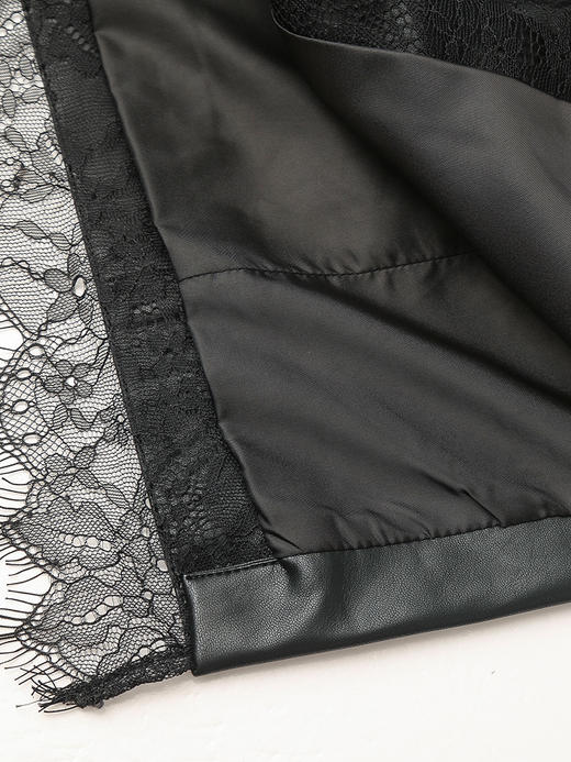黑色皮革拼接蕾丝开叉半身裙 秋冬复古盘扣装饰高腰中长款 A 字裙 商品图4