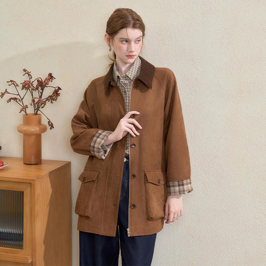 西遇格纹拼接翻领麂皮外套女秋季美拉德单排扣直筒中长款上衣V3355191 商品图2