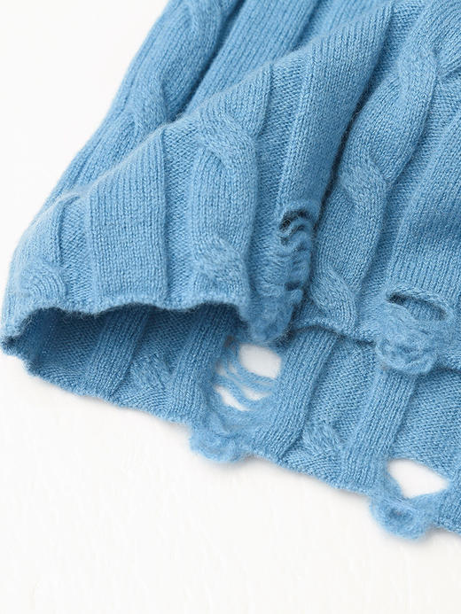 浅蓝色圆领麻花针织衫 秋冬个性破洞设计长袖套头毛衣上衣 商品图4
