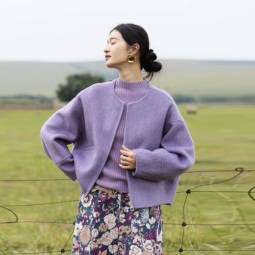 绽放717朵/绵羊毛兔毛廓形感落肩开襟拉链短款毛呢外套女冬呢大衣 商品图0