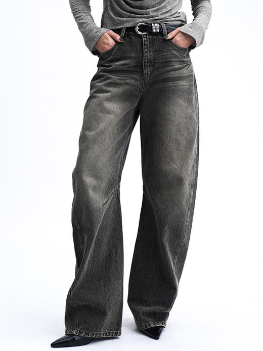 TR她热 黑刃 黑色水洗磨白设计感百搭显瘦中腰弯刀牛仔裤 商品图2