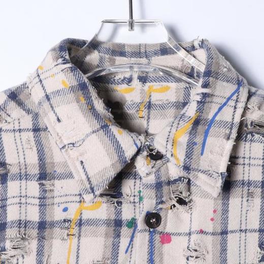 SDSA男士秋冬新款痞帅男装潮牌撞色格纹磨破泼墨翻领衬衫百搭宽松 商品图1