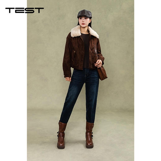 冬上新保暖复古穿搭必备高腰显瘦显腿直深蓝加绒卷边牛仔裤3254024 商品图5