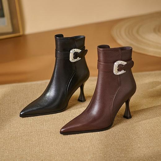 【预售5天】棕色羊皮水钻方扣，高跟气质短靴细跟尖头时装靴QS&755 商品图4