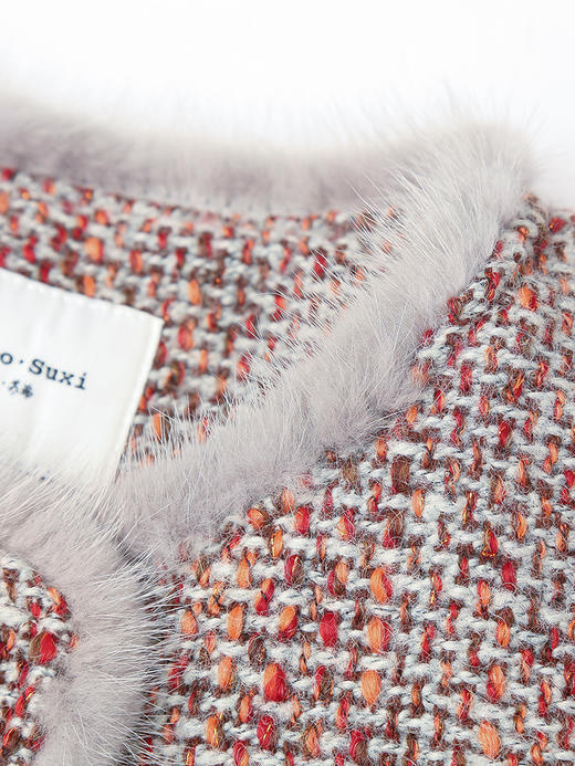 杂色粗花呢拼接毛绒圆领短款外套 冬季小香风金属扣多口袋长袖羽绒服 商品图2