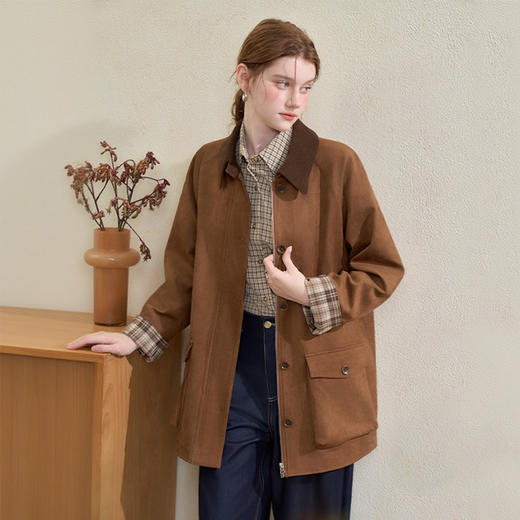 西遇格纹拼接翻领麂皮外套女秋季美拉德单排扣直筒中长款上衣V3355191 商品图3