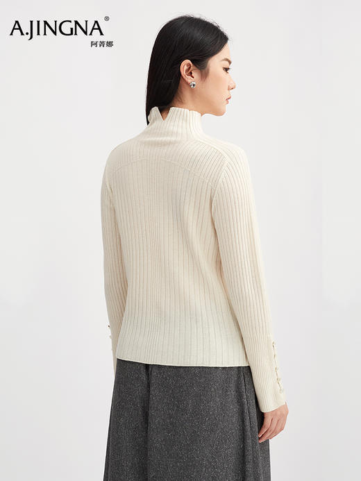 【商场同款】阿菁娜冬季新款超细美利奴羊毛衫半高领坑条修身针织微喇袖贝壳扣亲肤A30D301019 商品图2