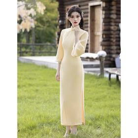 【浅花梨】新中式改良旗袍，春秋款黄色国风优雅长袖古法绝美LSB4055