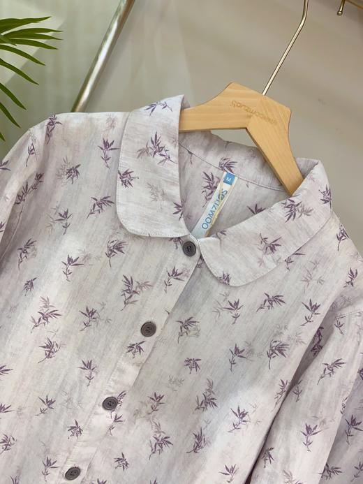 松植屋女款全棉水洗长袖长裤套装春秋双层纱布睡衣经典翻领与竹叶图案恬静素雅 商品图4