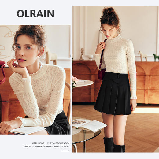 欧芮儿法式半高领羊毛针织衫女2025秋新款修身内搭蕾丝打底衫上衣 商品图0