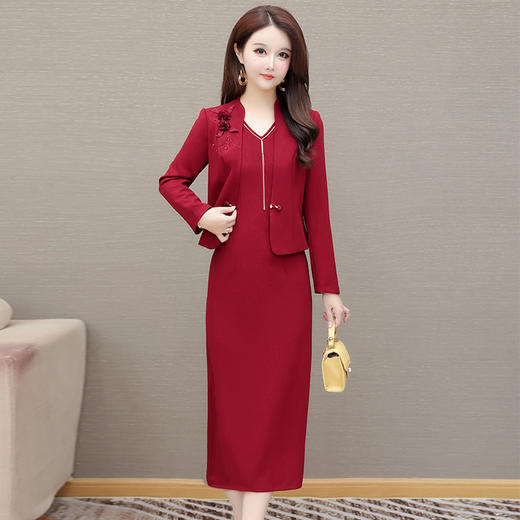 大码红色两件套连衣裙，秋季洋气时尚修身喜婆婆过膝长裙QYM-AH-5225JLNB011 商品图3
