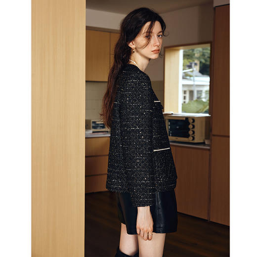 OLrain欧芮儿2025新款女秋季法式黑色轻奢优雅花纱圆领小香风外套 商品图2