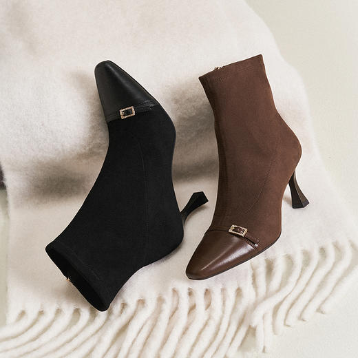 【静音系列】千百度拼接羊皮时装靴女细高跟弹力短靴A25577233 商品图1