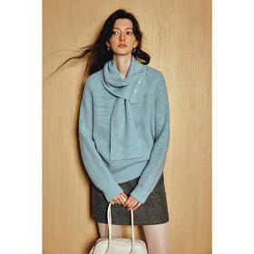 OLrain欧芮儿2025新款冬季蓝色休闲风围脖长袖毛针织套头衫两件套