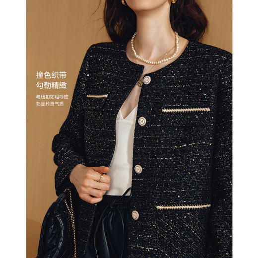 OLrain欧芮儿2025新款女秋季法式黑色轻奢优雅花纱圆领小香风外套 商品图1